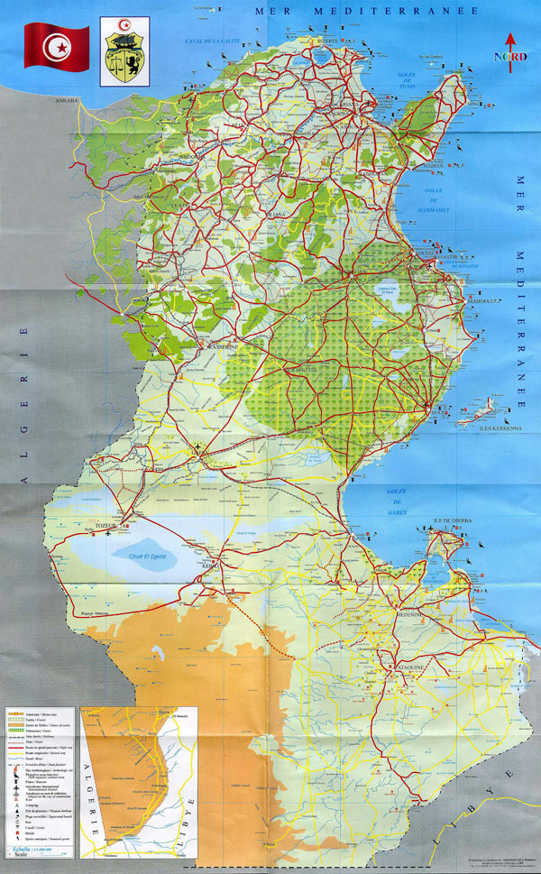 Detailed political map of Tunisia with all cities, highways and airports.