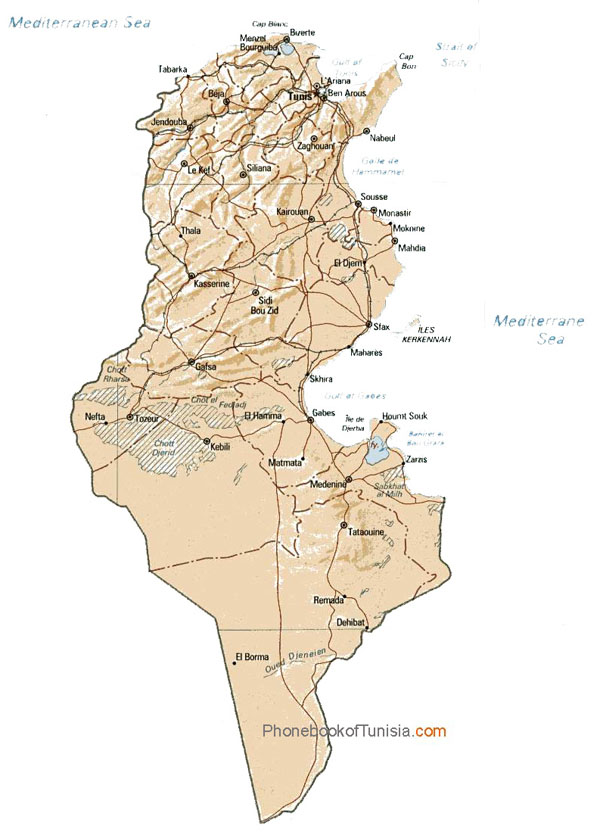 Detailed relief and administrative map of Tunisia.