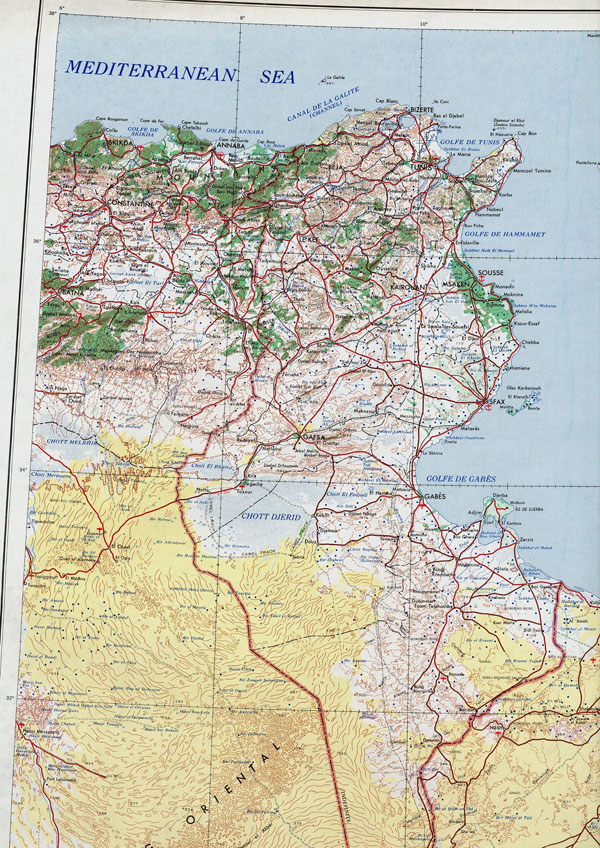 Detailed topographical map of Tunisia. Tunisia detailed topographical map.