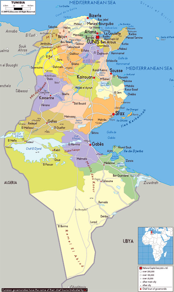 Large detailed political and administrative map of Tunisia with all roads, cities and airports.