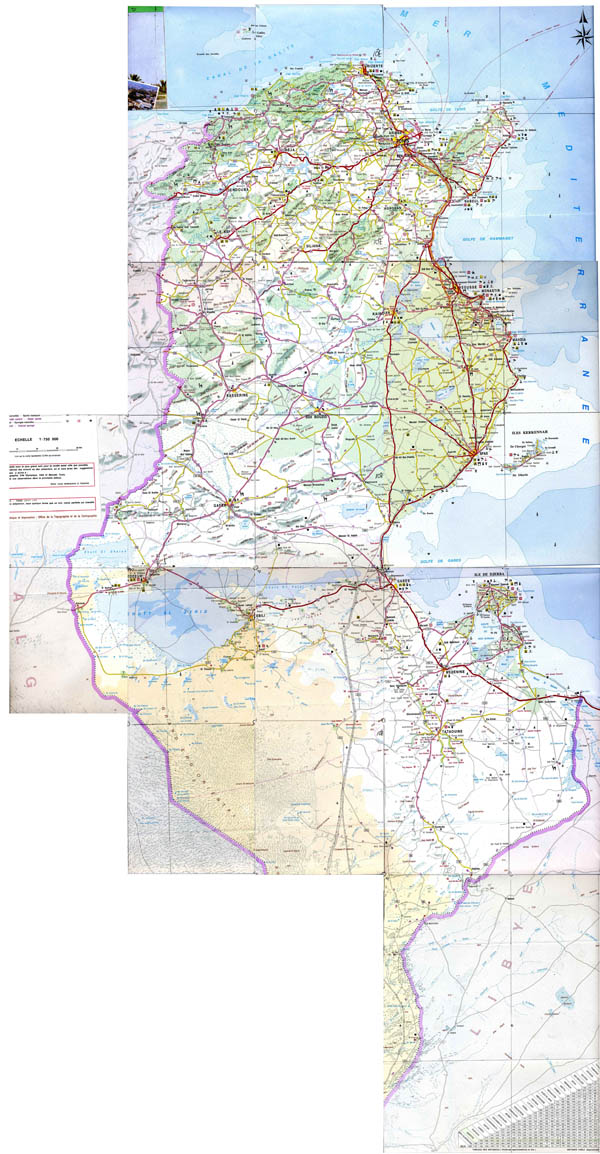 Large detailed road map of Tunisia with all cities and villages.