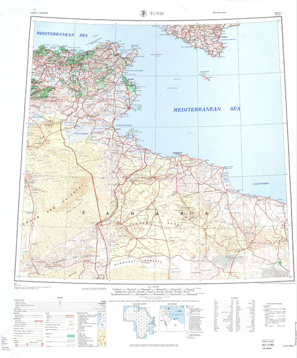 Large scale detailed topographic map of Tunis with all cities, roads, sea ports and airports.