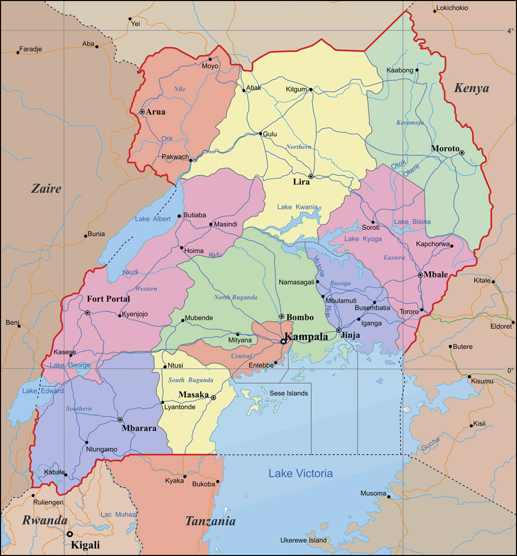 Detailed administrative map of UGANDA with cities and highways for ...