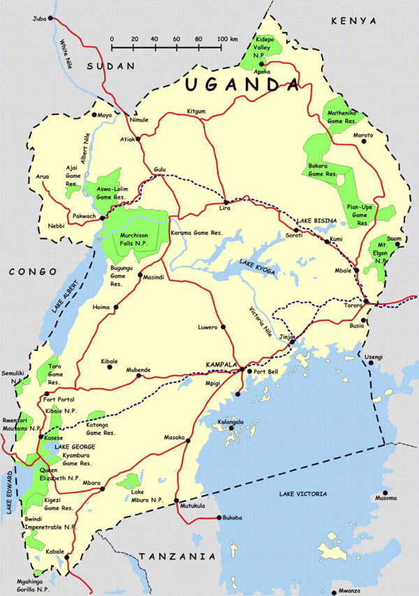 Detailed highways map of Uganda. Uganda detailed highways map.