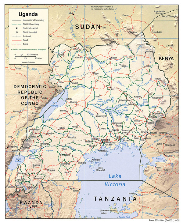 Detailed relief and administrative map of Uganda.