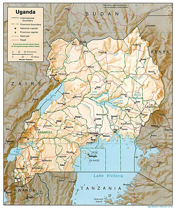 Detailed relief and political map of Uganda.