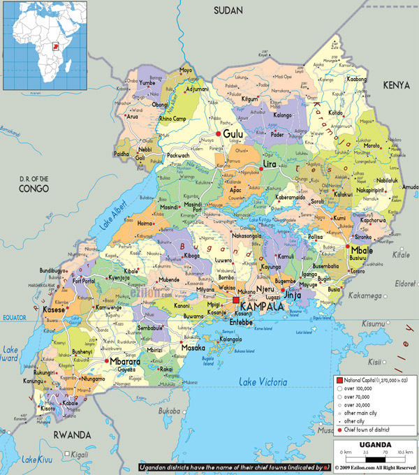 Large detailed administrative map of Uganda with all cities, roads and airports.