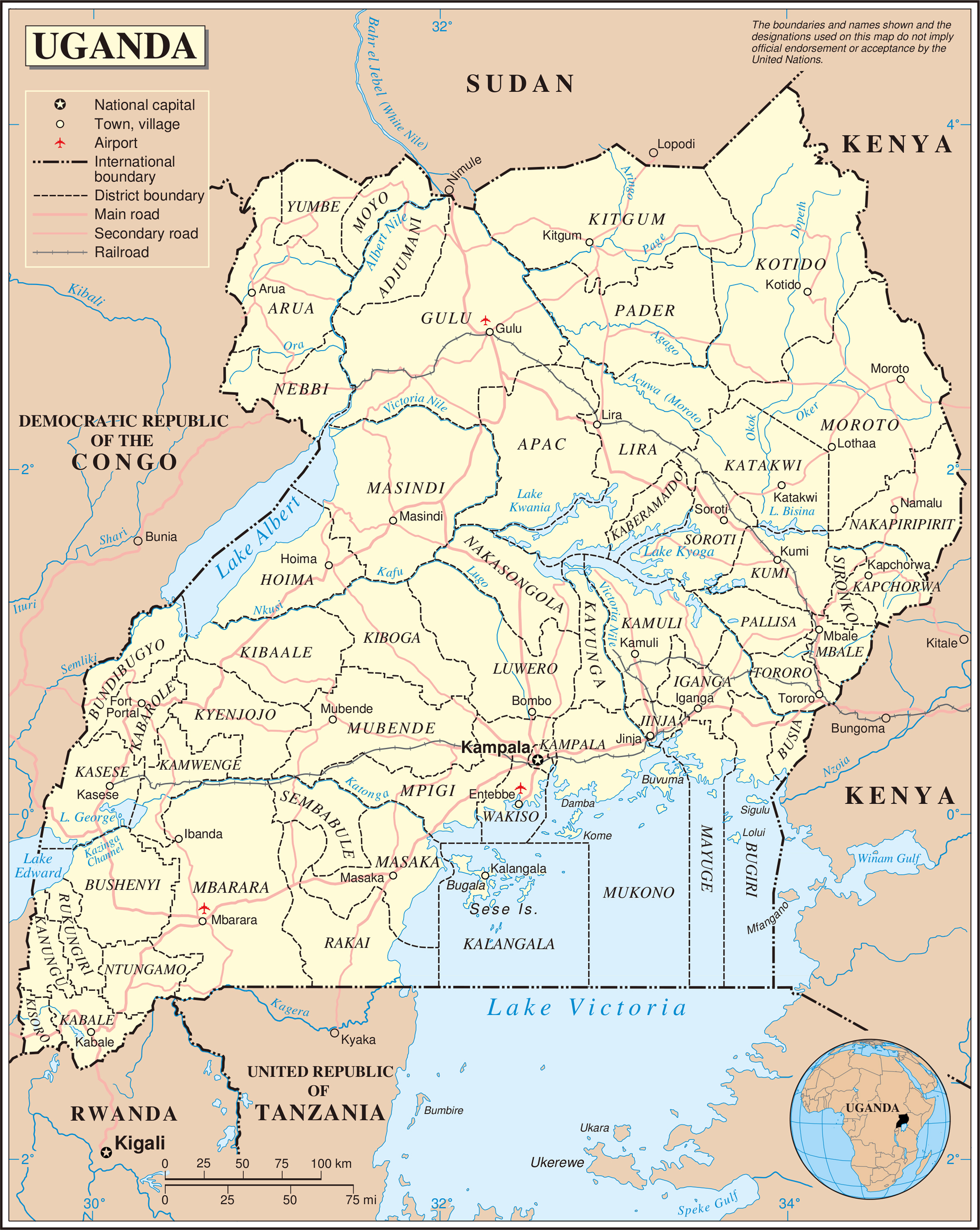 Large detailed political and administrative map of Uganda with all
