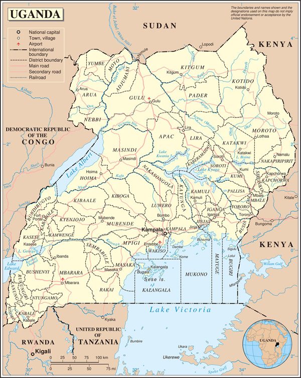 Large detailed political and administrative map of Uganda with all cities, roads and airports.