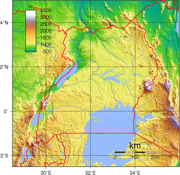 Large topographical map of Uganda. Uganda large topographical map.