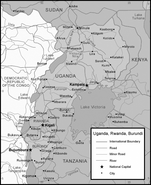 Political map of Uganda, Rwanda and Burundi. Uganda, Rwanda and Burundi political map.