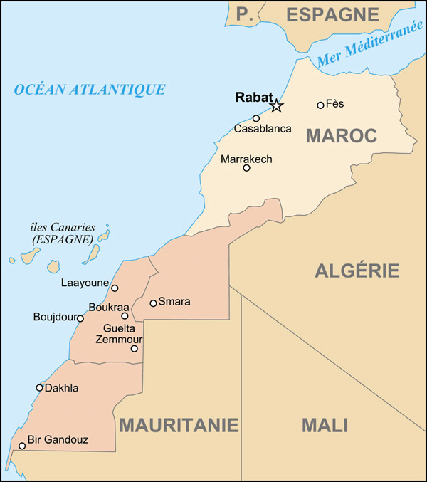 Detailed administrative map of Morocco and Western Sahara.