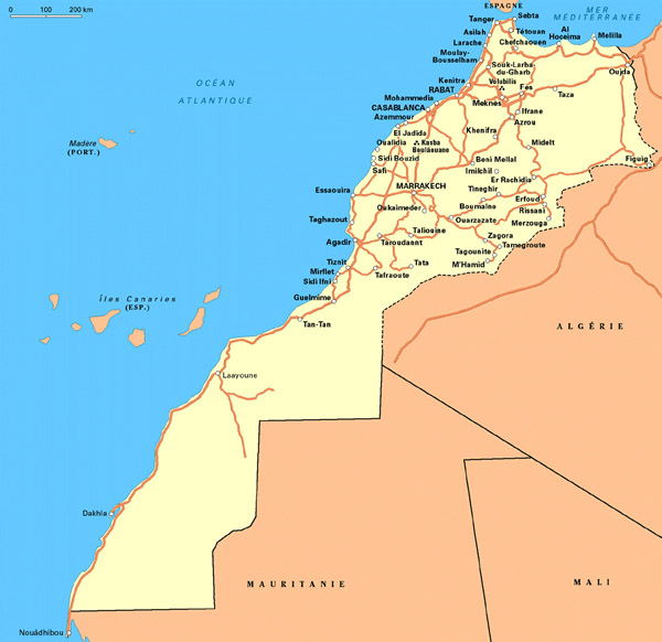 Detailed road map of Western Sahara and Morocco. Western Sahara and Morocco detailed road map.