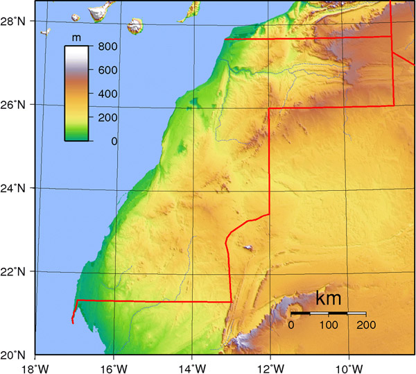 Detailed Western Sahara topographical map. Western Sahara detailed topographical map.