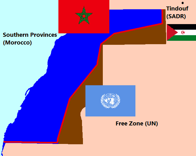 Flags of Western Sahara regions on a map. Map of Western Sahara with flags regions. Flags of Western Sahara regions on a map. Map of Western Sahara with flags regions.