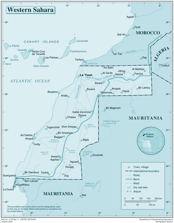 Large detailed political map of Western Sahara with all cities and roads.