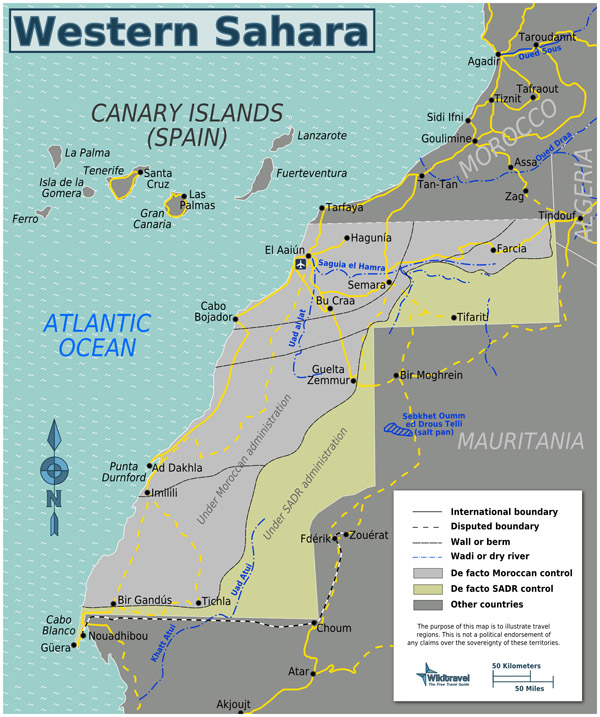 Large detailed road map of Western Sahara with all cities and airports.