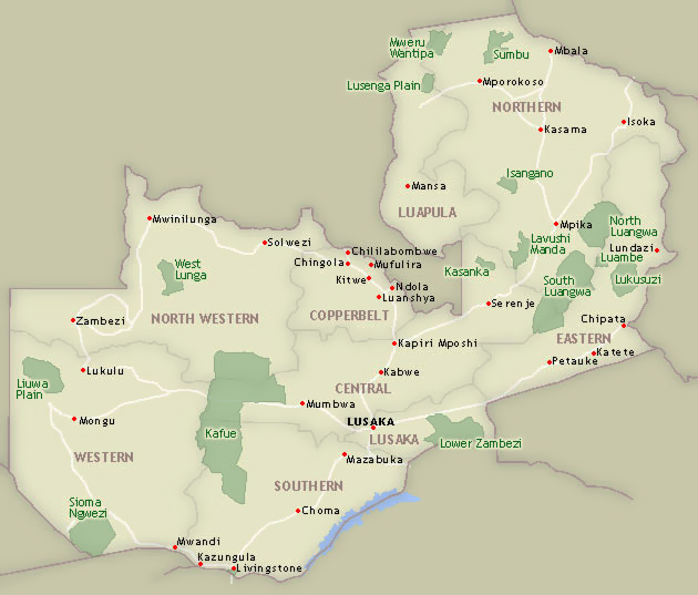 Detailed national parks map of Zambia. Zambia national parks detailed map.