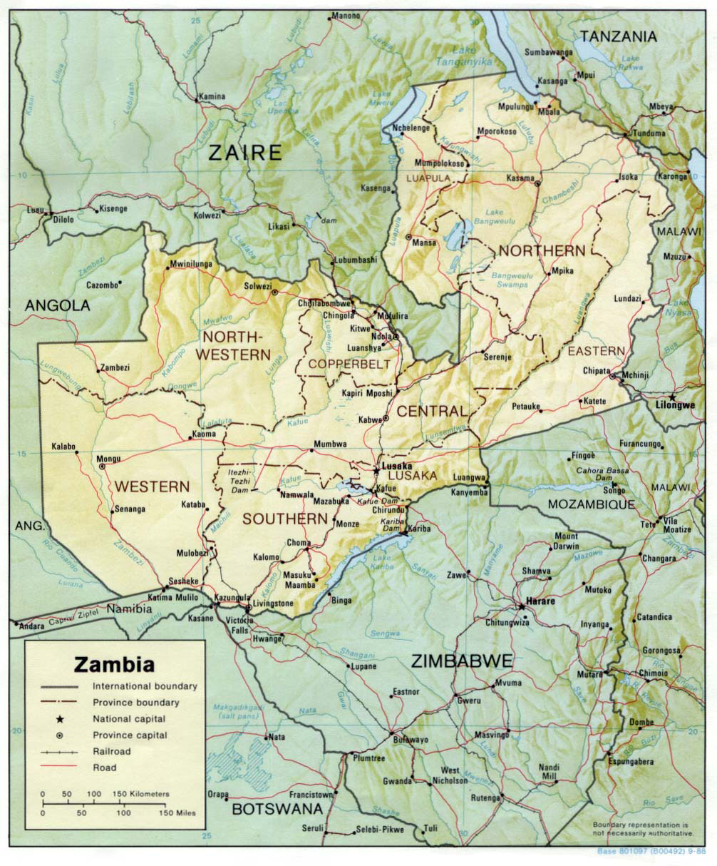 Detailed relief and administrative map of Zambia. Zambia detailed