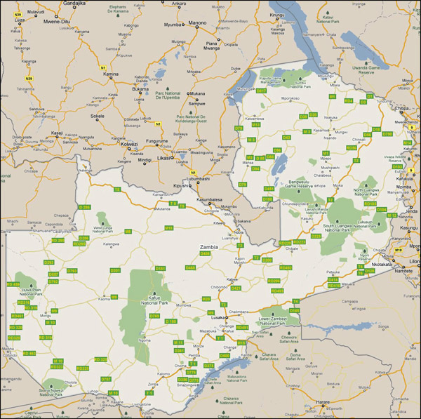 Detailed road map of Zambia. Zambia detailed road map.