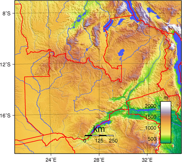 Detailed Zambia topographical map. Zambia detailed topographical map.