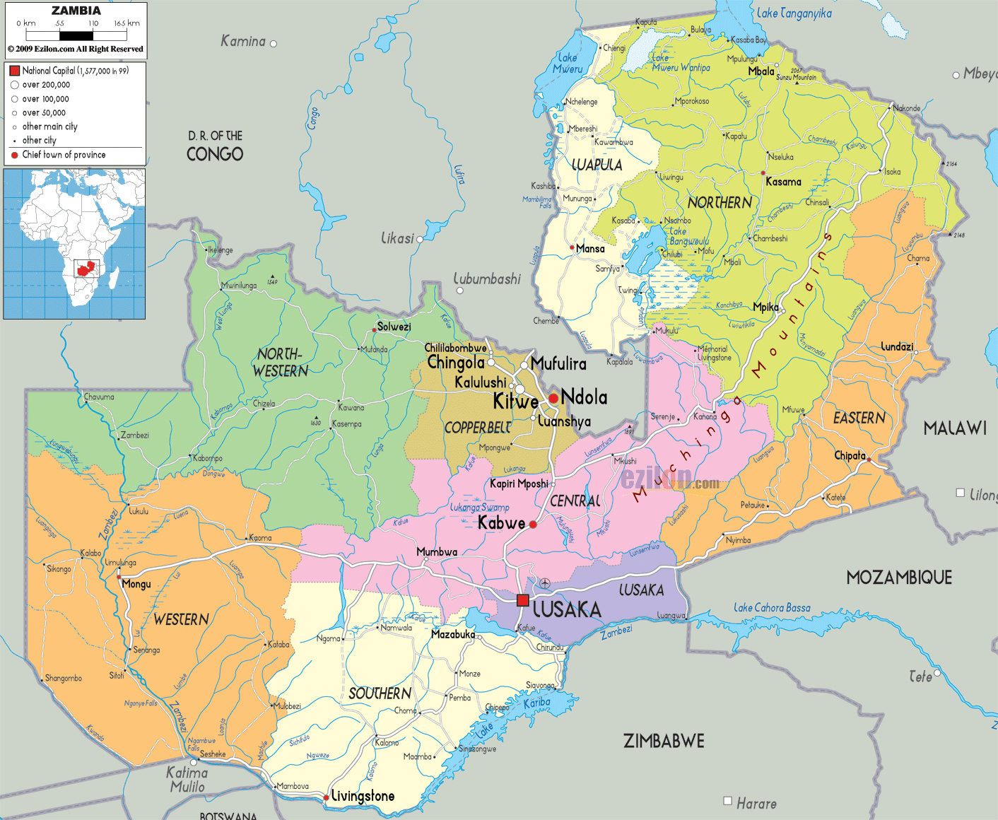 Large detailed administrative map of Zambia with roads and cities Maps of all