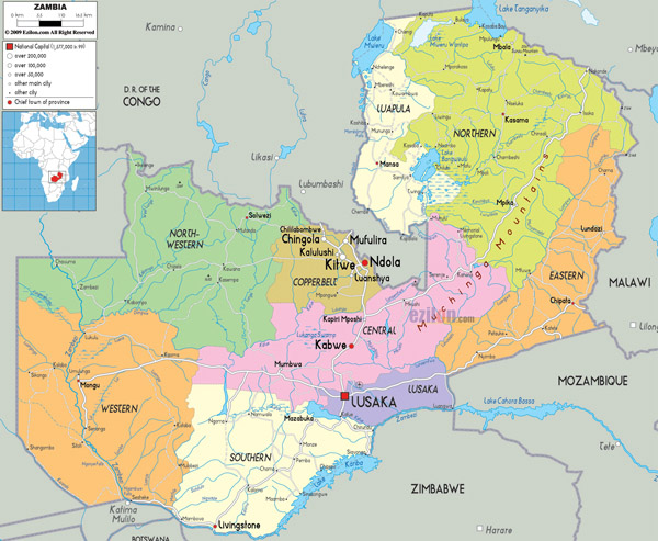 Large detailed administrative map of Zambia with roads and cities.