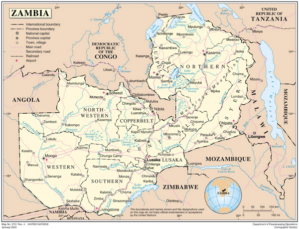 Large detailed political and administrative map of Zambia with roads and airports.