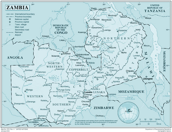 Large detailed political map of Zambia with all cities and roads.