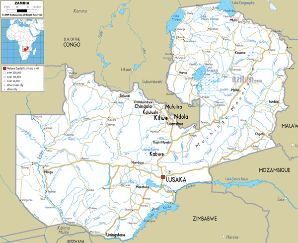 Large detailed road map of Zambia with all cities and airports.