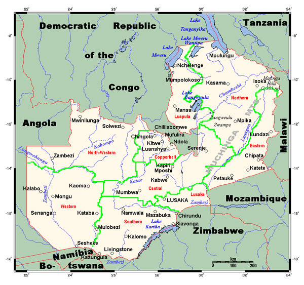 Political map of Zambia. Zambia political map.