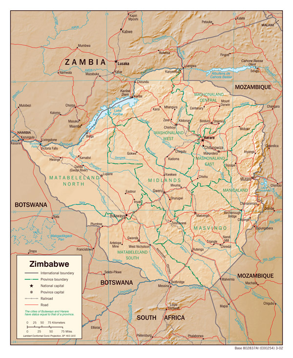 Detailed administrative map of Zimbabwe with relief.