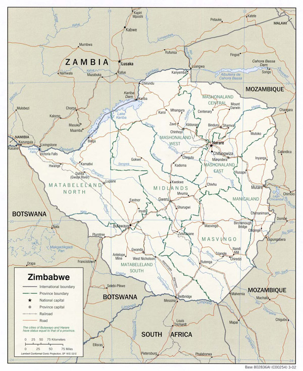 Detailed political and administrative map of Zimbabwe.