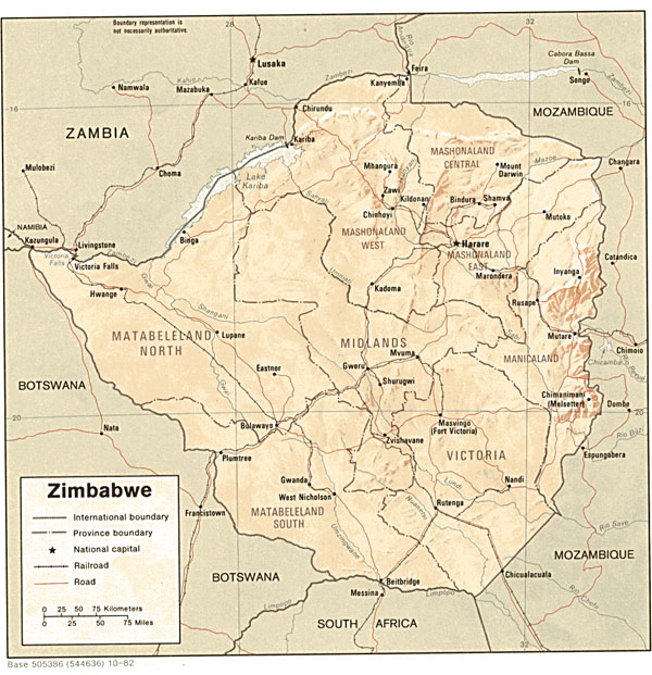 Detailed relief and administrative map of Zimbabwe.