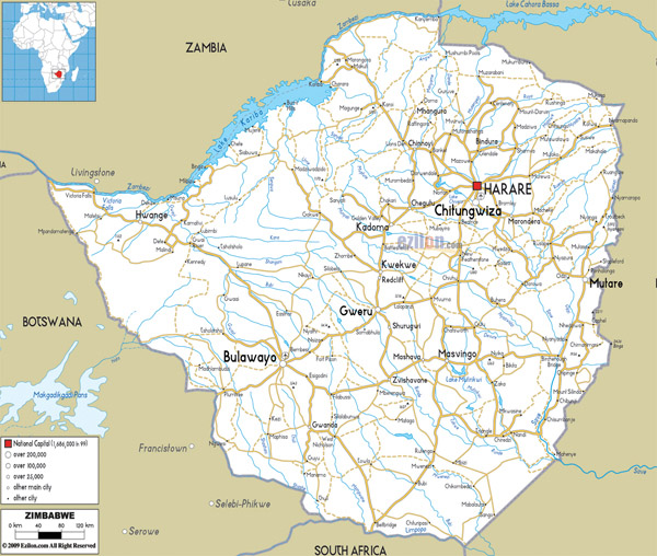 Detailed road map of Zimbabwe. Zimbabwe detailed road map.