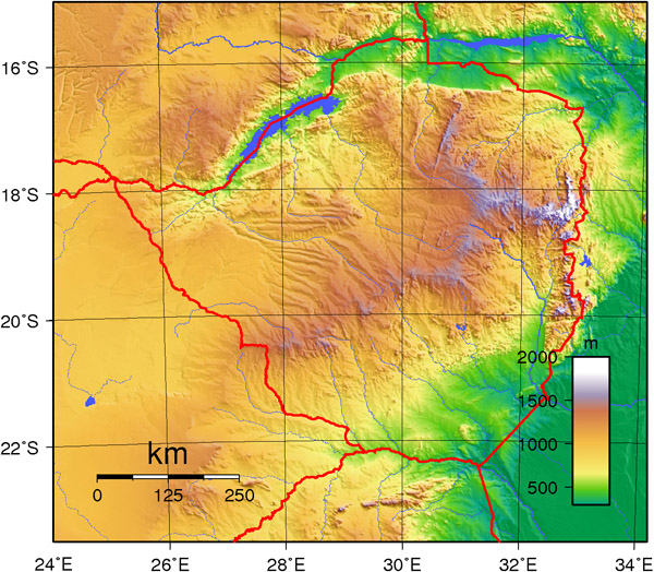 Detailed topographical map of Zimbabwe. Zimbabwe detailed topographical map.