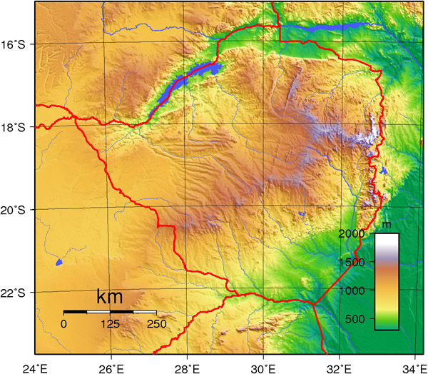 Detailed topographical map of Zimbabwe. Zimbabwe detailed topographical map.