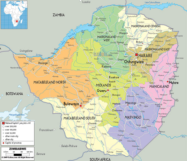 Large detailed political and administrative map of Zimbabwe with all cities, roads and airports.