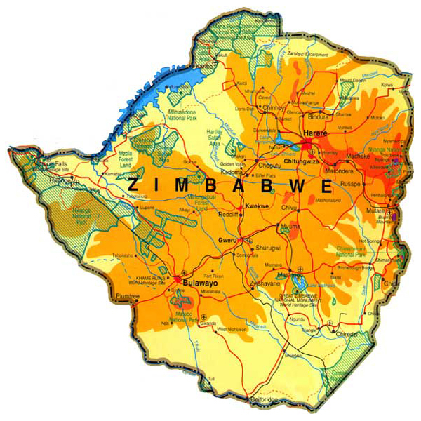 Physical map of Zimbabwe. Zimbabwe physical map.