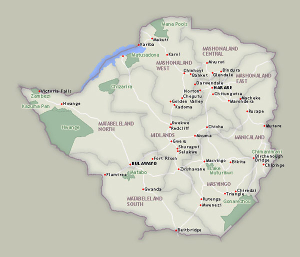 Zimbabwe national parks detailed map. Detailed map of Zimbabwe national parks.