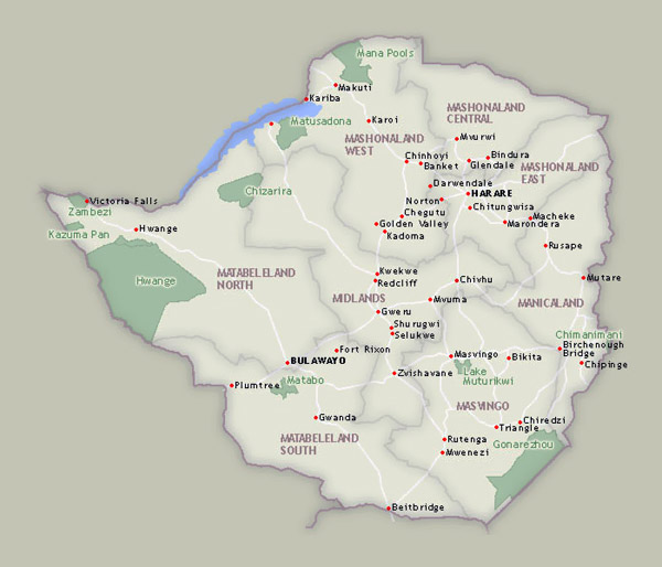 Zimbabwe national parks detailed map. Detailed map of Zimbabwe national parks.