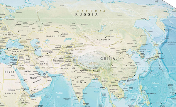 Large detailed physical map of Asia with relief.