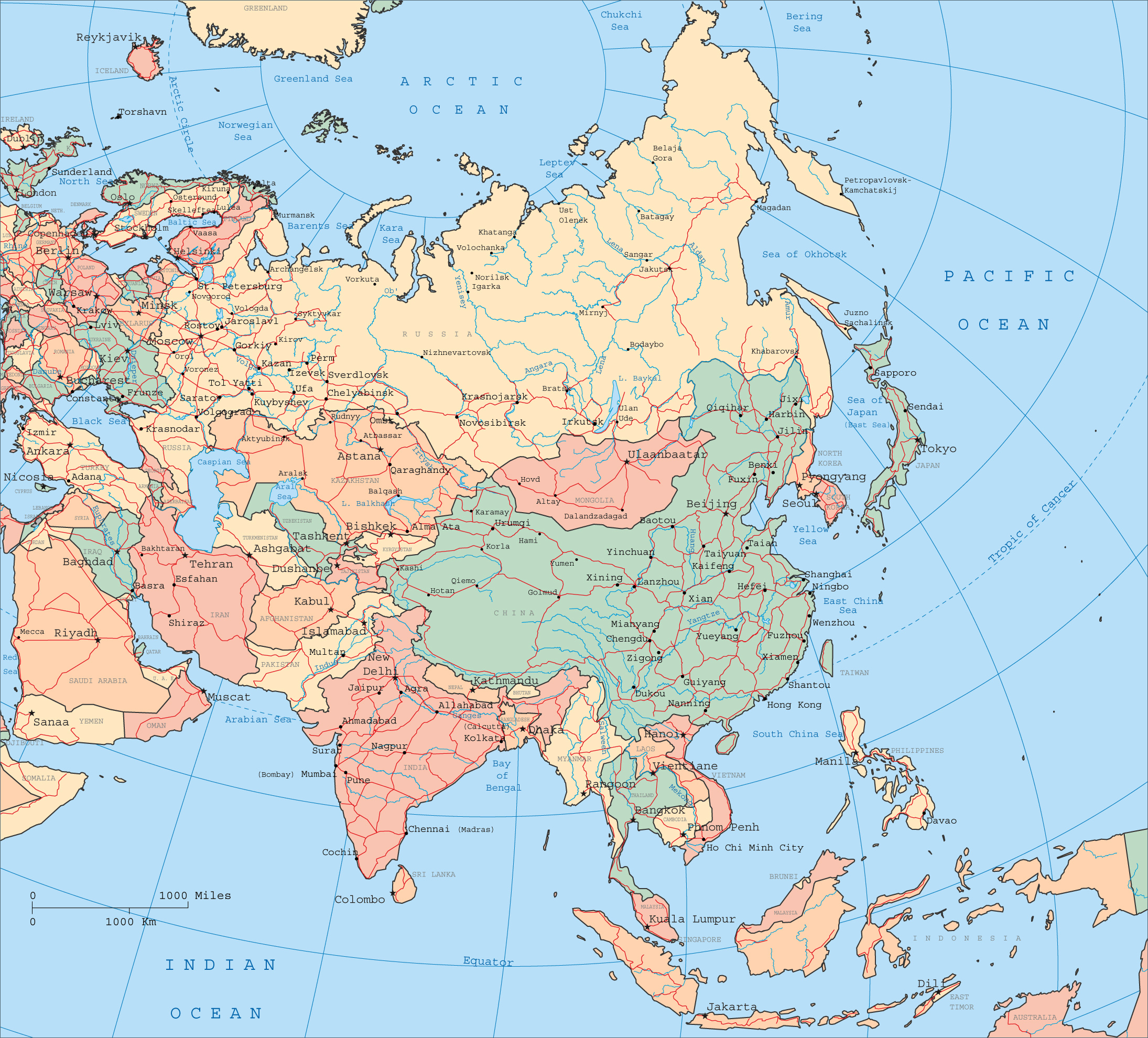 Large detailed political map of Asia with all capitals, major cities Show Map Of Asian Countries