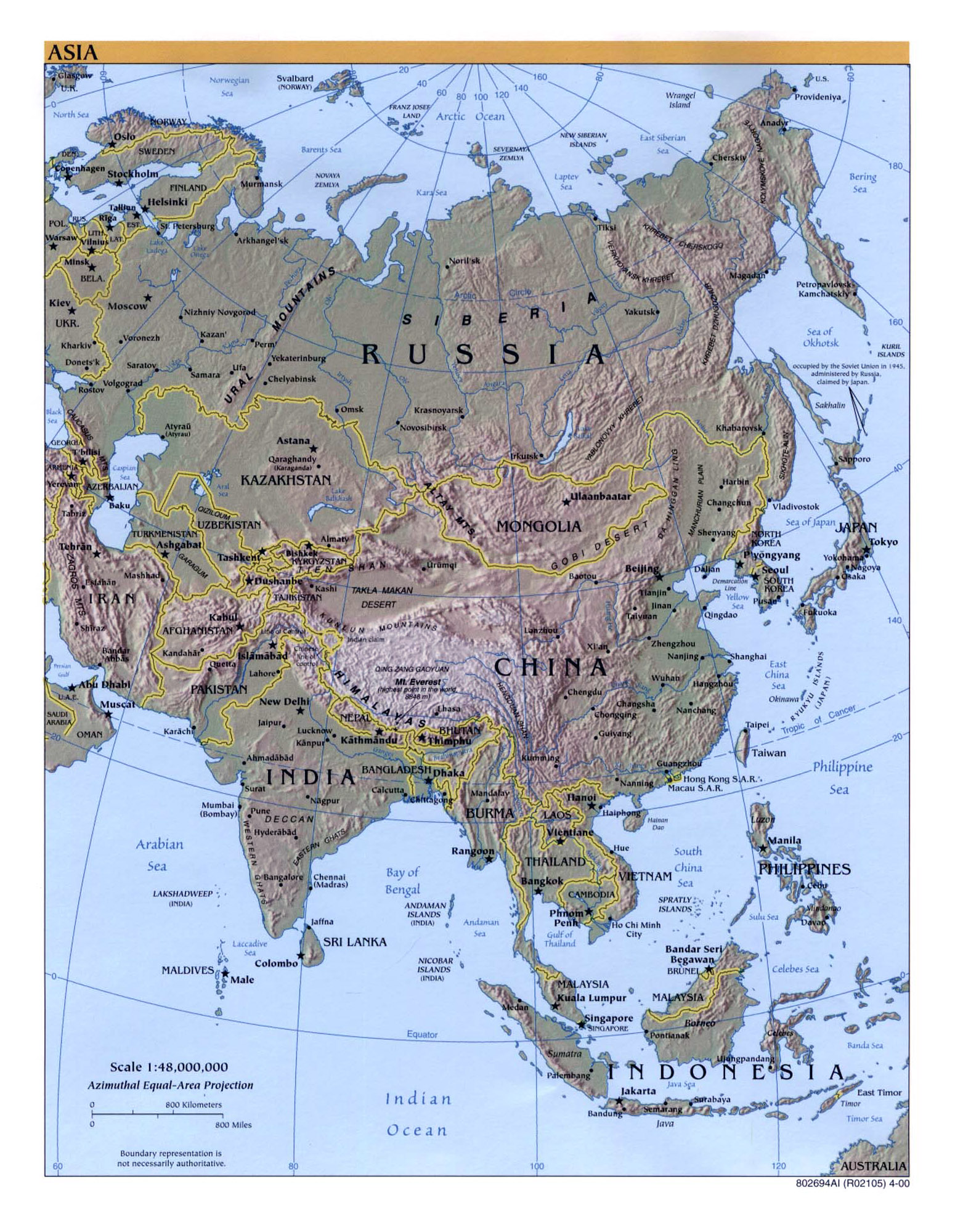 Large Detailed Political Map Of Asia With Relief Capitals And Major