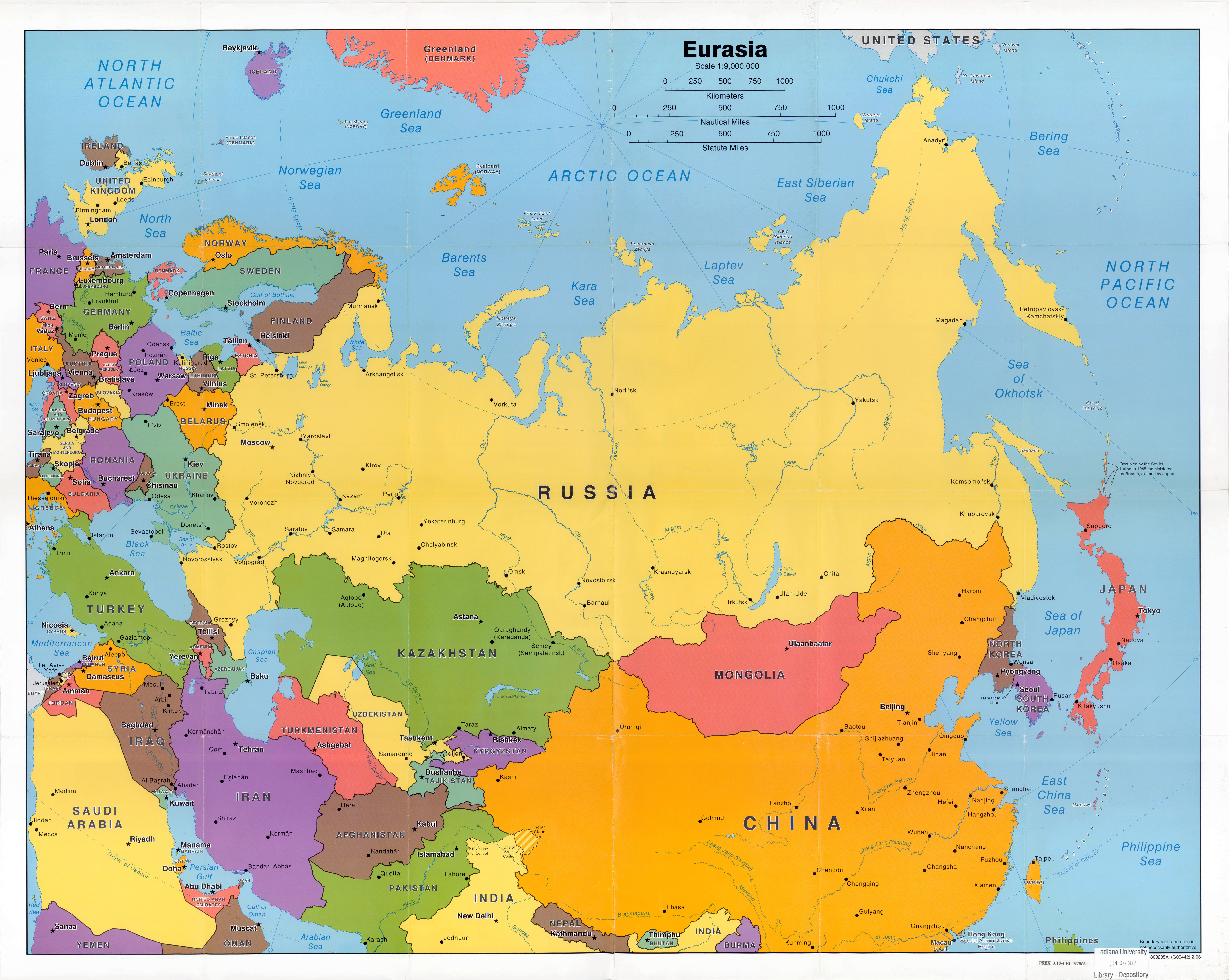 Large Detailed Political Map Of Eurasia Wth Capitals And Major Cities