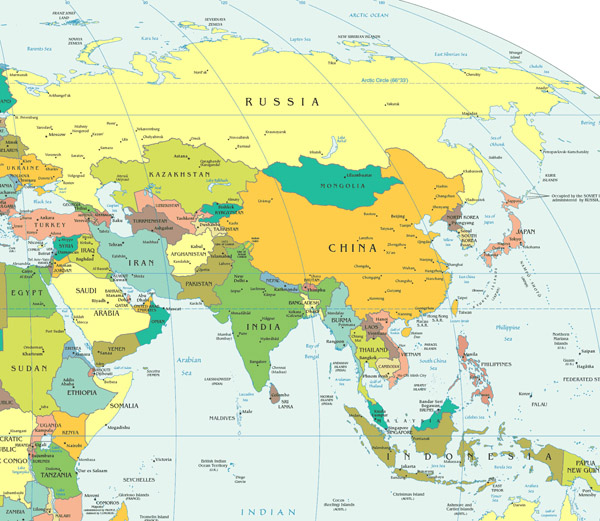 Large detailed political map of Asia.