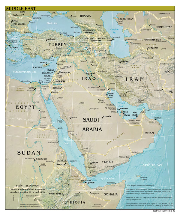Large detailed relief and political map of Middle East with all capitals and major cities.