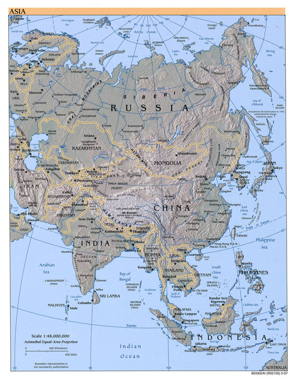 Large political map of Asia with relief and major cities - 2007.