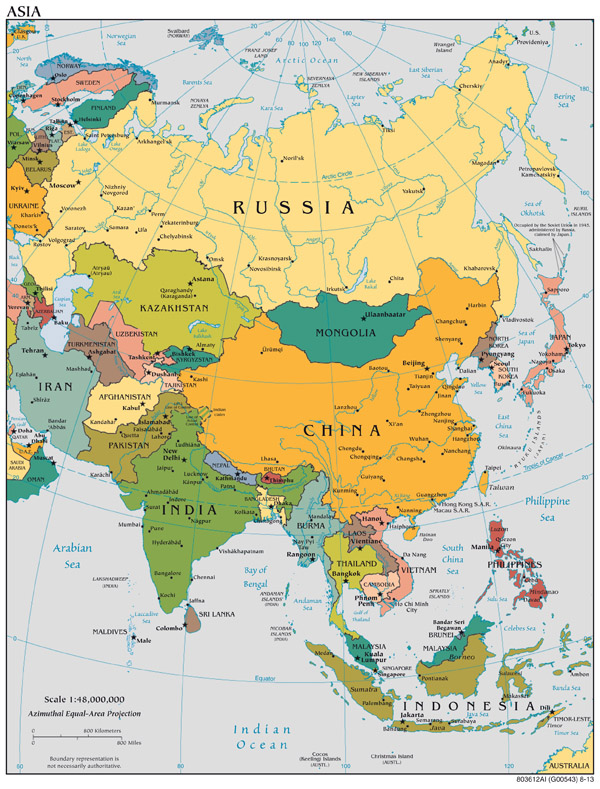 Large scale political map of Asia with capitals and major cities - 2013.