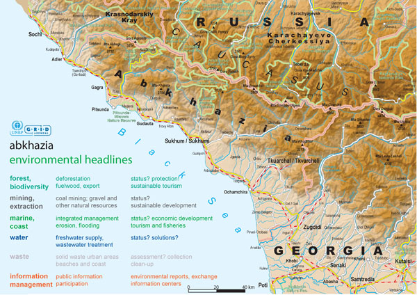 Detailed topographical and political map of Abkhazia.
